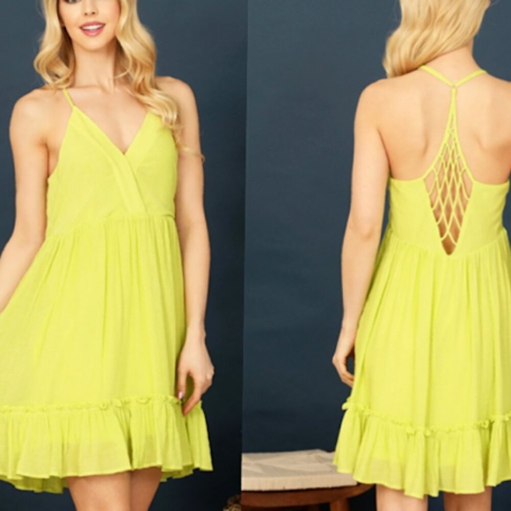 NEW Women's Sexy Lime Spaghetti Strap Ruffle hem Bohemian Summer Dress Y2K